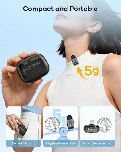 Miniatura 6 de Mini micrófonos inalámbricos Lavalier para iPhone iPad Android con funda de carga, micrófono de solapa USB C con reducción de ruido y modo cambiador