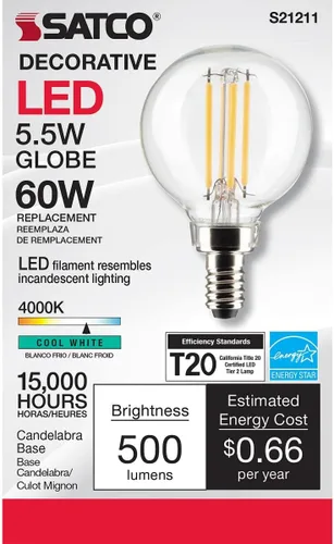 Miniatura 4 de Satco Bombilla LED E12 de 5.5 W, 4000 K, clasificación de 15000 horas, regulable