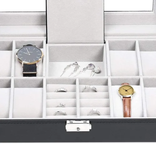 Miniatura 3 de NEX Caja de reloj 8 ranuras con cerradura de cuero para reloj organizador con almacenamiento de anillos para mujeres y hombres color negro