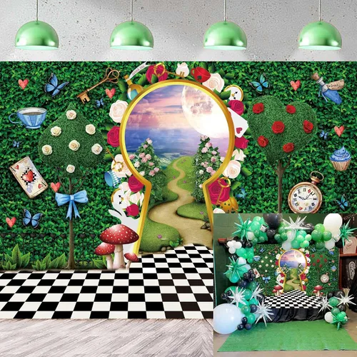 Miniatura 8 de Telón de fondo para fotografía del país de las maravillas para decoración de fiesta de té, 8 x 6 pies, cuento de hadas, castillo, conejo, hoja