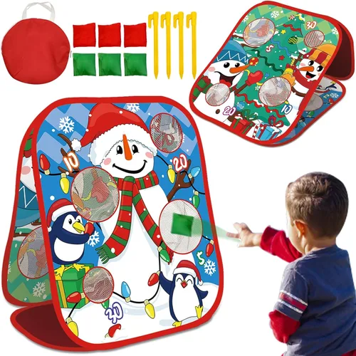 Juegos de Fiesta de Navidad para Niños y Adultos, Juego de Lanzamiento de Bolsita con Tablero Plegable de Dos Caras de Estilo Cornhole con 8