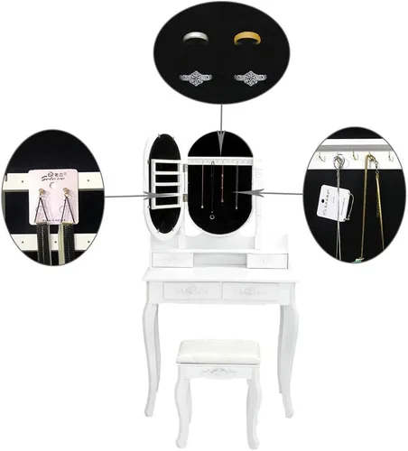 Miniatura 5 de Juego de mesa de tocador para tocador, mesa de maquillaje de madera, espejo ovalado, mesa de maquillaje para dormitorio con 4 cajones y taburete