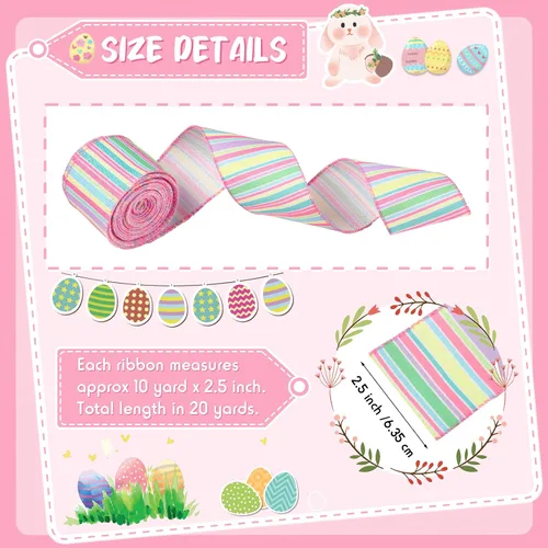 Miniatura 2 de Dingion 2 rollos de 20 yardas de cinta con alambre de resorte pastel con alambre de rayas con borde de cinta horizontal, lienzo de primavera