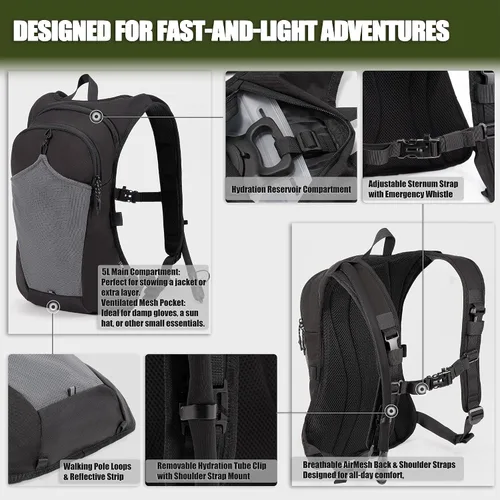 Miniatura 6 de Mochila convertible 2 en 1 para el pecho y mochila de hidratación con vejiga de 2.5 litros, chaleco de hidratación para mujeres y hombres, Negro