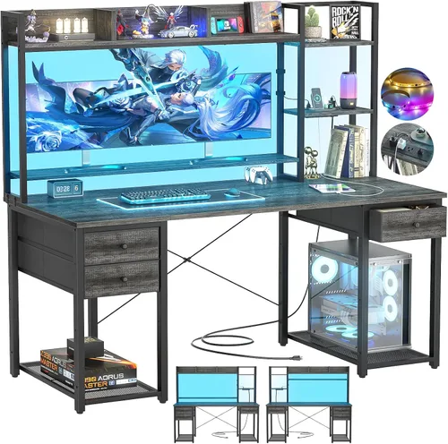 Miniatura 9 de Aheaplus Escritorio LED para Gaming con Hutch, 47.2'' Estación de Trabajo para Computadora, Negro