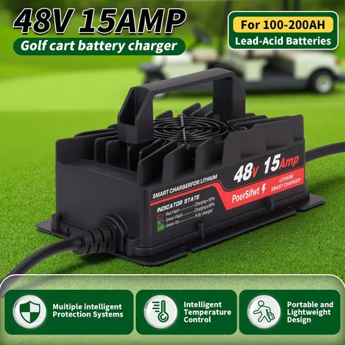 Miniatura 2 de Cargador de batería de litio de 58.4V 15A para paquetes de baterías Lifepo4 de 48 V con conector M8 impermeable, indicador LED, 6 protecciones