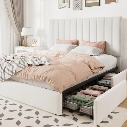 Allewie Base de cama de almacenamiento tamaño completo, cabecera ajustable con canal vertical acolchado, plataforma tapizada de terciopelo con 4