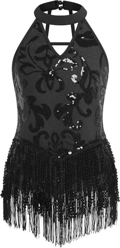 Miniatura 9 de IBAKOM Body de lentejuelas brillantes con flecos y cuello halter en V, leotardo de gimnasia para niños, espalda abierta, jazz latino, hip hop