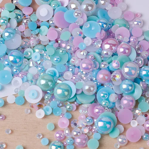 Miniatura 15 de Perlas planas y diamantes de imitación de 2.12 oz, 2200 unidades de diamantes de imitación de resina de color AB de tamaño mixto de 3 a 0.394 in