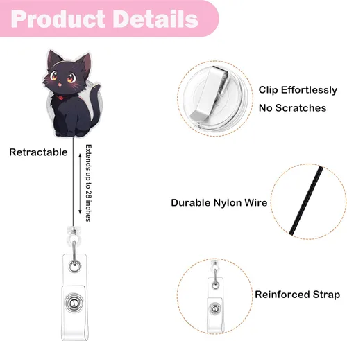 Miniatura 2 de Lindo Carrete de Insignia de Gato Negro, Divertido Soporte de Carrete de Insignia de Gato - Etiqueta de Identificación con Clip para Cinturón