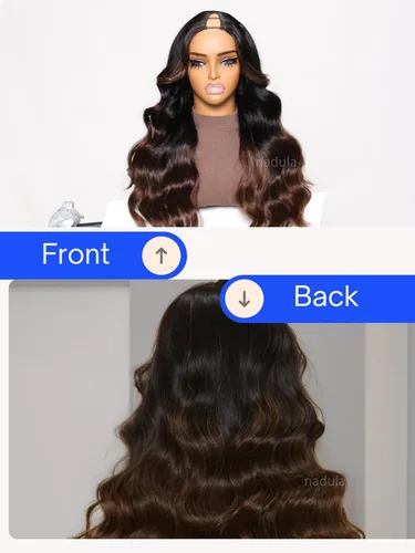 Miniatura 3 de Nadula - Peluca de onda corporal con raya en V, cabello humano sin mechas fuera, ombre de negro a marrón castaño, mejora de raya en U, peluca