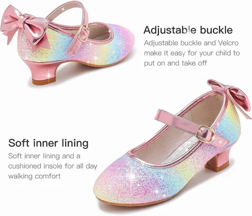 Miniatura 5 de Dufannie Zapatos de vestir para niñas, zapatos de tacón bajo de princesa, zapatos planos con purpurina para bodas y fiestas