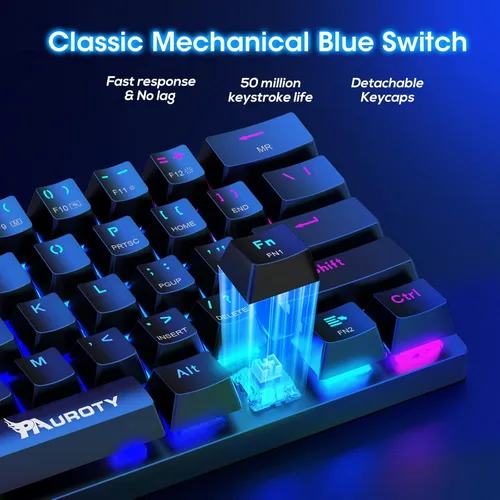 Miniatura 4 de Pauroty 60% Teclado mecánico inalámbrico, teclado de juego de triple modo 2.4G/USB-C/Bluetooth, retroiluminación RGB, interruptor azul clicky, Negro