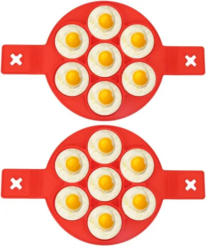 Miniatura 9 de Oumefar 2 moldes para panqueques de silicona roja para freír huevos con 7 agujeros de forma redonda, herramienta de cocina antiadherente