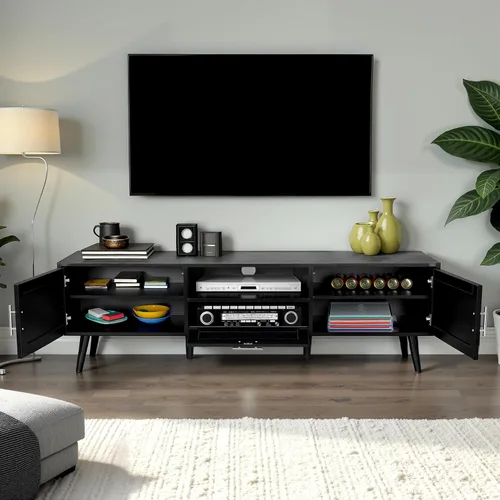 Miniatura 4 de Finnhomy Soporte de TV bohemio de 59 pulgadas para TV de hasta 70 pulgadas, consola de TV con 2 puertas decoradas de ratán hechas a mano, mesa de TV