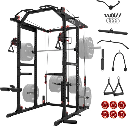 Miniatura 11 de Mikolo Jaula de potencia K6 2.0, estante de alimentación con sistema de cruce de cables, estante para sentadillas de 2000 libras con sistema de Rojo