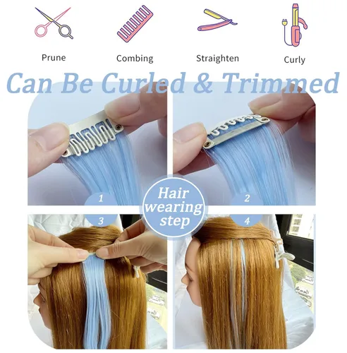 Miniatura 5 de 16 extensiones de cabello de colores con clip para fiestas, 21 pulgadas, lacio, sintético, extensiones de cabello azul claro para niñas y mujeres