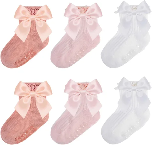 Miniatura 10 de Calcetines para bebé niña con agarre antideslizante con volantes con lazos, algodón suave, calcetines con empuñaduras para bebé recién nacido