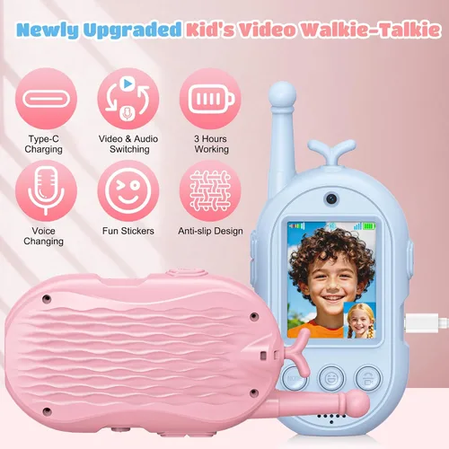 Miniatura 3 de Walkie Talkies de video para niños, paquete de 2, Walkies talkies para niños con cambiador de voz y efecto adhesivo, juguetes recargables de largo