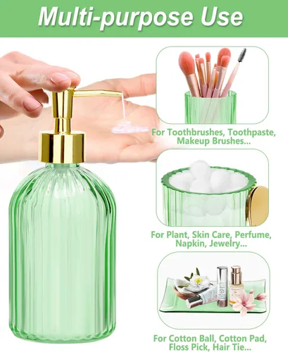 Miniatura 4 de Jenseits Juego de Accesorios de Baño Verde, Juego de 4 Piezas de Accesorios de Baño de Vidrio, Dispensador de Jabón, Portacepillos de Dientes