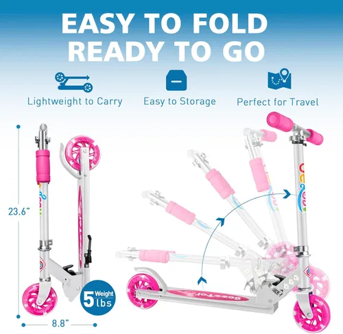 Miniatura 4 de BELEEV V1 Patinetas para niños, patineta plegable de 2 ruedas para niños y niñas, 3 alturas ajustables, ruedas iluminadas, patineta ligera con Rosa