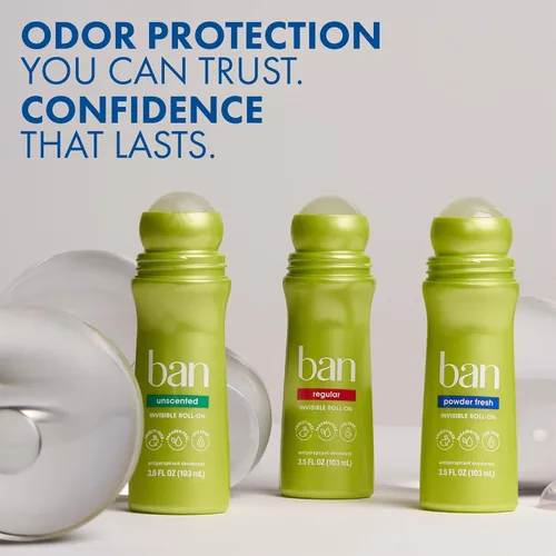 Miniatura 8 de Ban Desodorante Antitranspirante Roll-on Invisible para Mujeres y Hombres, Protección contra Olor y Sudor de Axilas por 24 Horas, Powder Fresh, 3.5