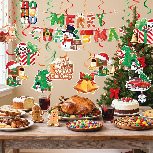 Miniatura 7 de Juego de decoración navideña: pancarta y remolinos colgantes, para el hogar, oficina, aula, decoración de fiesta de Navidad en interiores