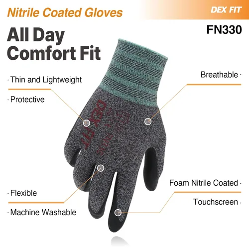 Miniatura 4 de DEX FIT FN330 - Guantes de trabajo de nitrilo, ajuste elástico 3D, agarre potente, táctil inteligente, recubierto de espuma resistente, fino