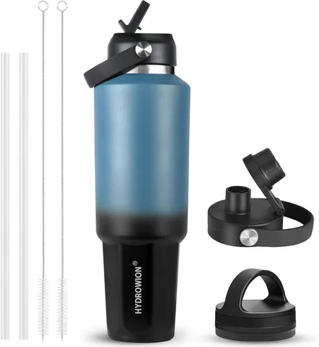 Miniatura 23 de HYDROWION Botella de agua de acero inoxidable, 32 onzas, boca ancha, doble pared, aislada al vacío, con tapa de pajilla, tapa de boquilla y tapa