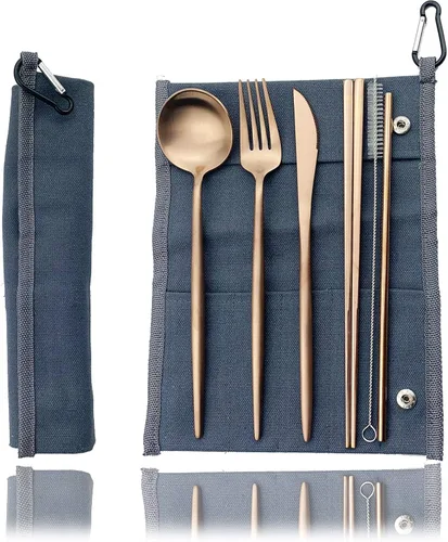 Miniatura 18 de JASHII El juego de cubiertos de viaje incluye cuchillo reutilizable, tenedor, cuchara, palillos, pajilla, utensilios ecológicos, utensilios de Azul