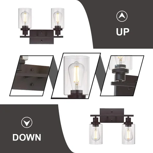 Miniatura 6 de MELUCEE Iluminación Industrial de Baño de 2 Luces, Bronce Frotado con Aceite con Pantalla de Vidrio Transparente, Accesorios de Iluminación