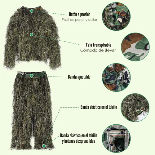 Miniatura 6 de Seeutek Traje Ghillie 5 en 1 – Trajes de caza de camuflaje 3D – chaqueta, pantalones, capucha, bolsa de transporte para adultos y jóvenes, M/L