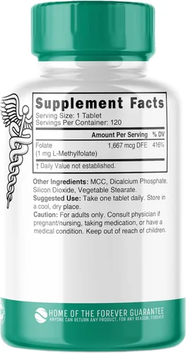 Miniatura 2 de Nutri 5-MTHF L Metilfolato 1MG - Suministro para 4 meses, 120 tabletas veganas - Suplemento de folato metilado - Función cognitiva, salud cardíaca
