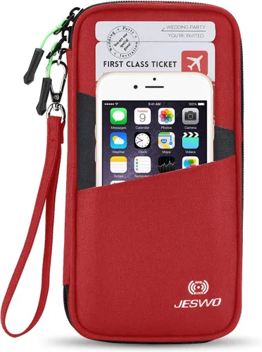 Miniatura 7 de Cartera de viaje RFID para pasaporte familiar, organizador de documentos impermeable con cremallera y correa de muñeca extraíble, Rojo, Elegante