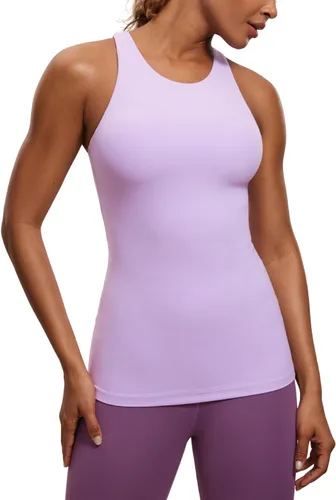 CRZ YOGA Butterluxe - Camiseta sin mangas de cuello alto con espalda cruzada para mujer, con brasier integrado, para entrenamiento, yoga, atlética