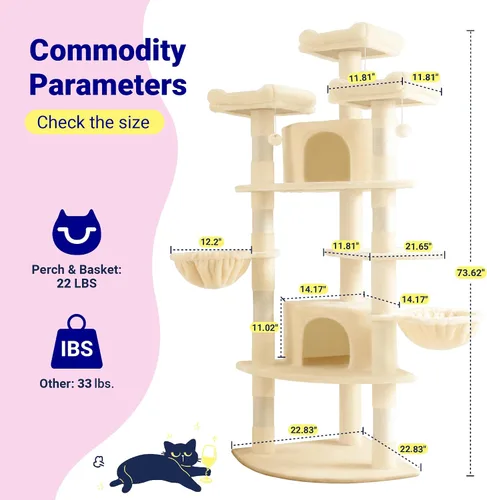 Miniatura 7 de Allewie Torre esquinera para gatos de 73 pulgadas en forma de abanico que ahorra espacio, árbol alto de varios niveles para gatos de interior/cestas