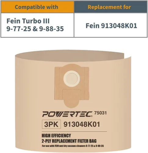 Miniatura 2 de POWERTEC Compra bolsas de vacío 3PK para Fein 913048K01, 69908195016 Bolsa de vacío, bolsas de filtro de repuesto para Fein Turbo III 9-77-25