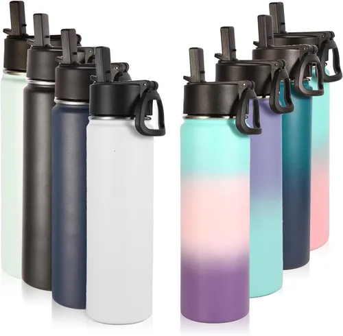 Miniatura 48 de Volhoply Botellas de agua aisladas con popote a granel, paquete de 4, botella deportiva de acero inoxidable de 22 onzas con tapa, vasos de agua