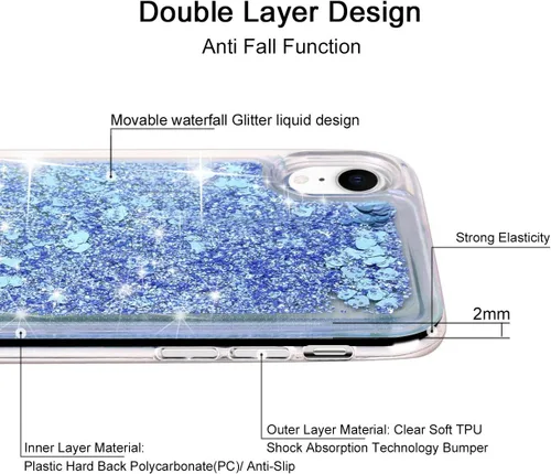 Miniatura 7 de Funda protectora para iPhone XR, diseño de doble capa, líquido flotante flotante con purpurina colorida en cascada de TPU, color azul