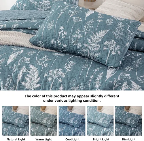 Miniatura 3 de JANZAA Edredón Tamaño Queen de 3 Piezas con Diseño Botánico, Juego de Colchas Tamaño Queen con Estampado Floral, Edredón Ligero de Microfibra Azul