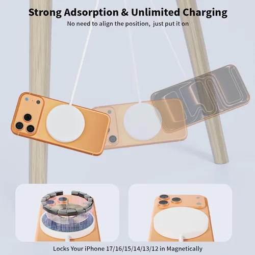 Miniatura 8 de Cargador inalámbrico magnético para iPhone, [certificado Apple MFi] Cable de carga Apple Mag-Safe de 6 pies, almohadilla de carga inalámbrica