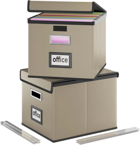 Miniatura 23 de Caja Organizadora de Archivos con Tapa, Caja Organizadora Plegable de Cuero Sintético para Carpetas Colgantes con Rieles de Plástico, Cajas (cuero)