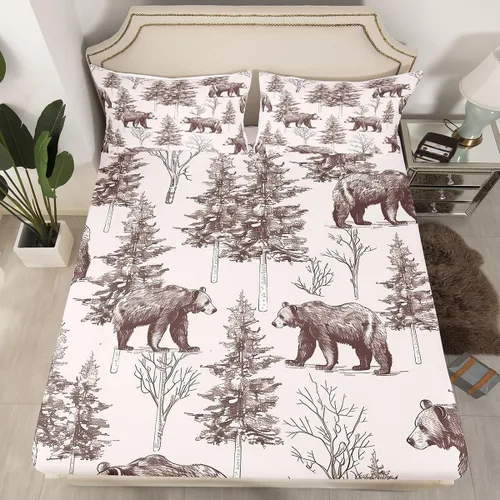 Miniatura 2 de Juego de ropa de cama de oso tamaño individual con diseño de osos y ramas de árbol genealógico, sábana bajera ajustable con diseño de árboles