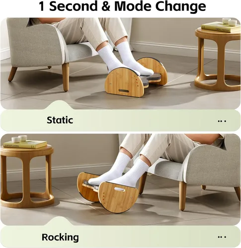 Miniatura 2 de Reposapiés ergonómico de bambú para debajo del escritorio, reposapiés mecedora reversible 3 en 1 con almohadillas, taburete de oficina de 4 alturas