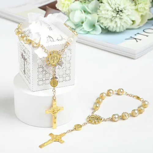 Miniatura 4 de LEMESO 20 piezas de mini rosarios chapados en oro, pulseras de crucifijo de perlas de imitación de color marfil, recuerdos de bautizo a granel