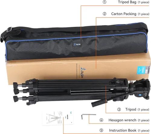 Miniatura 8 de Trípode de video profesional de aluminio resistente de 62 pulgadas/62.2 in, trípode de video de tubo doble, cabezal fluido de 360 grados, esparcidor