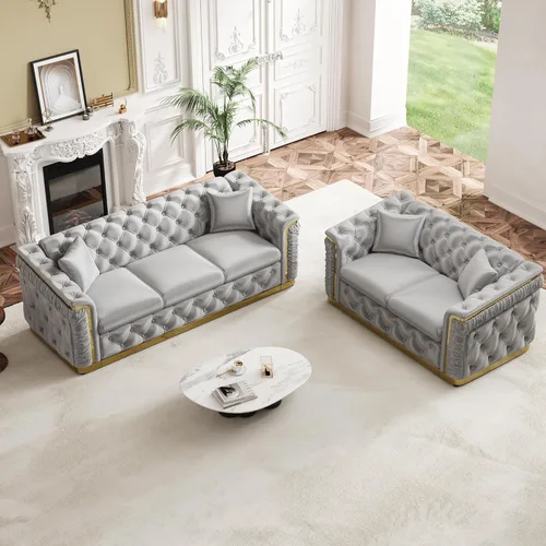 Miniatura 15 de Juego de 2 sofás Chesterfield de lujo, sofá victoriano copetudo negro y dorado, moderno de mediados de siglo, juego de sofás de 3 plazas para sala