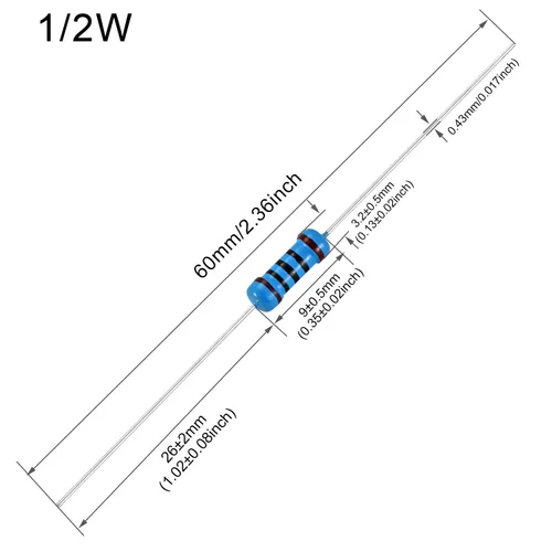 Miniatura 2 de 100 resistencias de 1 ohm 1/2 W (0.5 vatios) ±1% tolerancia de película metálica, resistencia fija de múltiples valores de resistencia opcional