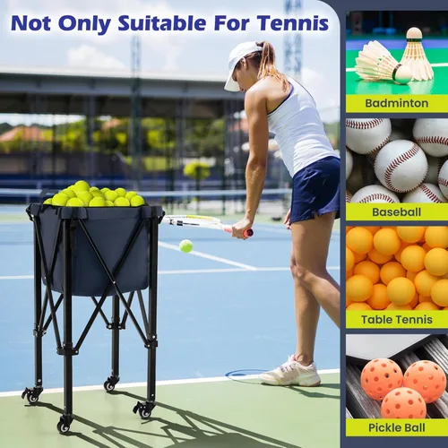 Miniatura 6 de GYMAX Tolva de pelota de tenis, carrito plegable para 150 pelotas de tenis con bolsa de transporte, marco de fácil montaje, bolsa extraíble y 4 Azul