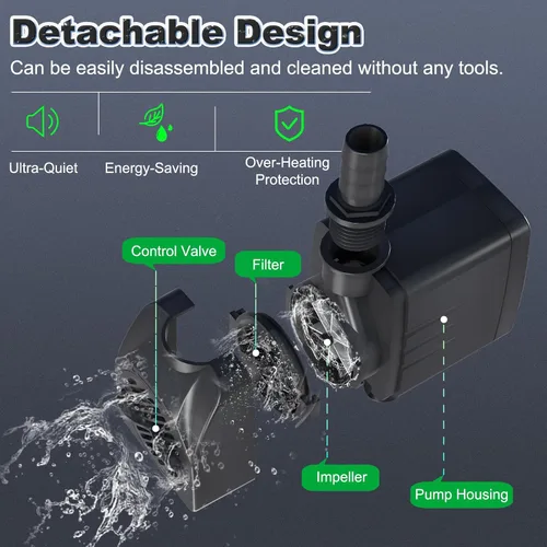 Miniatura 3 de SongLong Bomba sumergible de 400 GPH (1500L 25 W) ultra silenciosa con protección contra sobrecalentamiento, elevación de 6.5 pies de alto